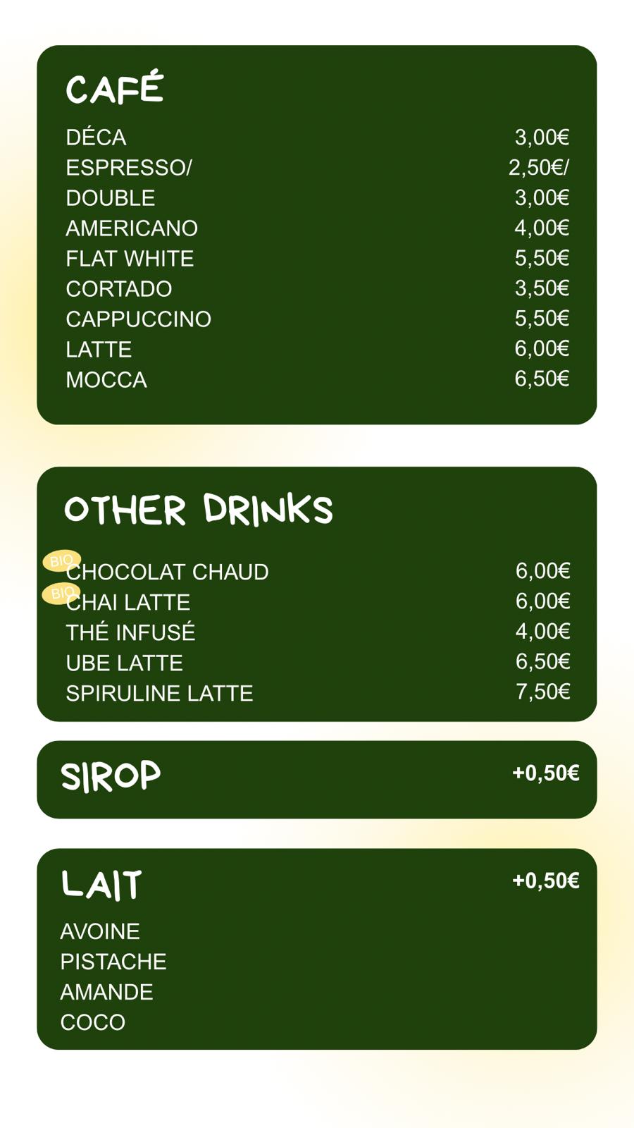 Carte des boissons : cafés, autres boissons, sirops et laits végétaux